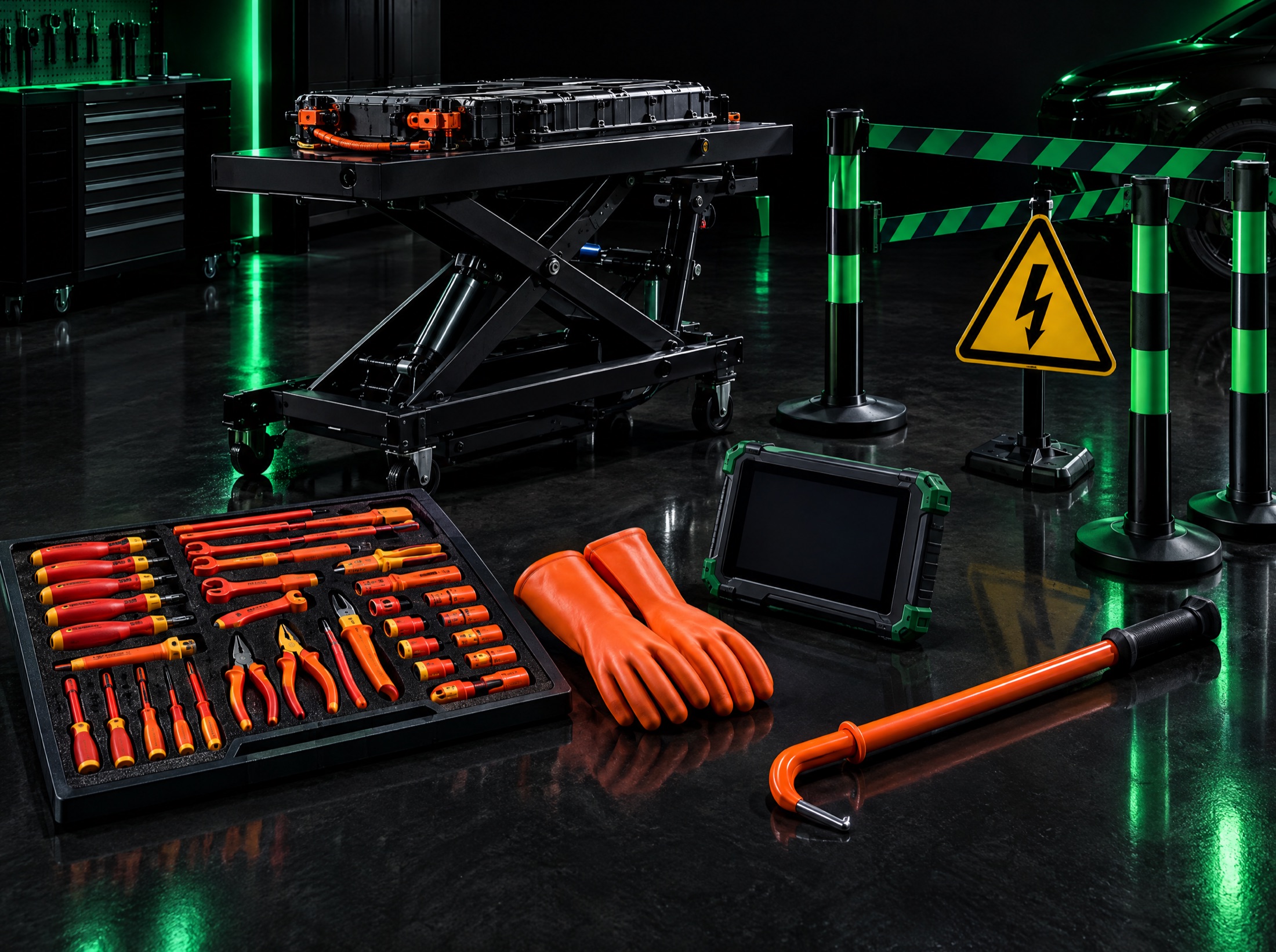 EV workshop kit: battery lift table, insulated tools, HV gloves and diagnostics