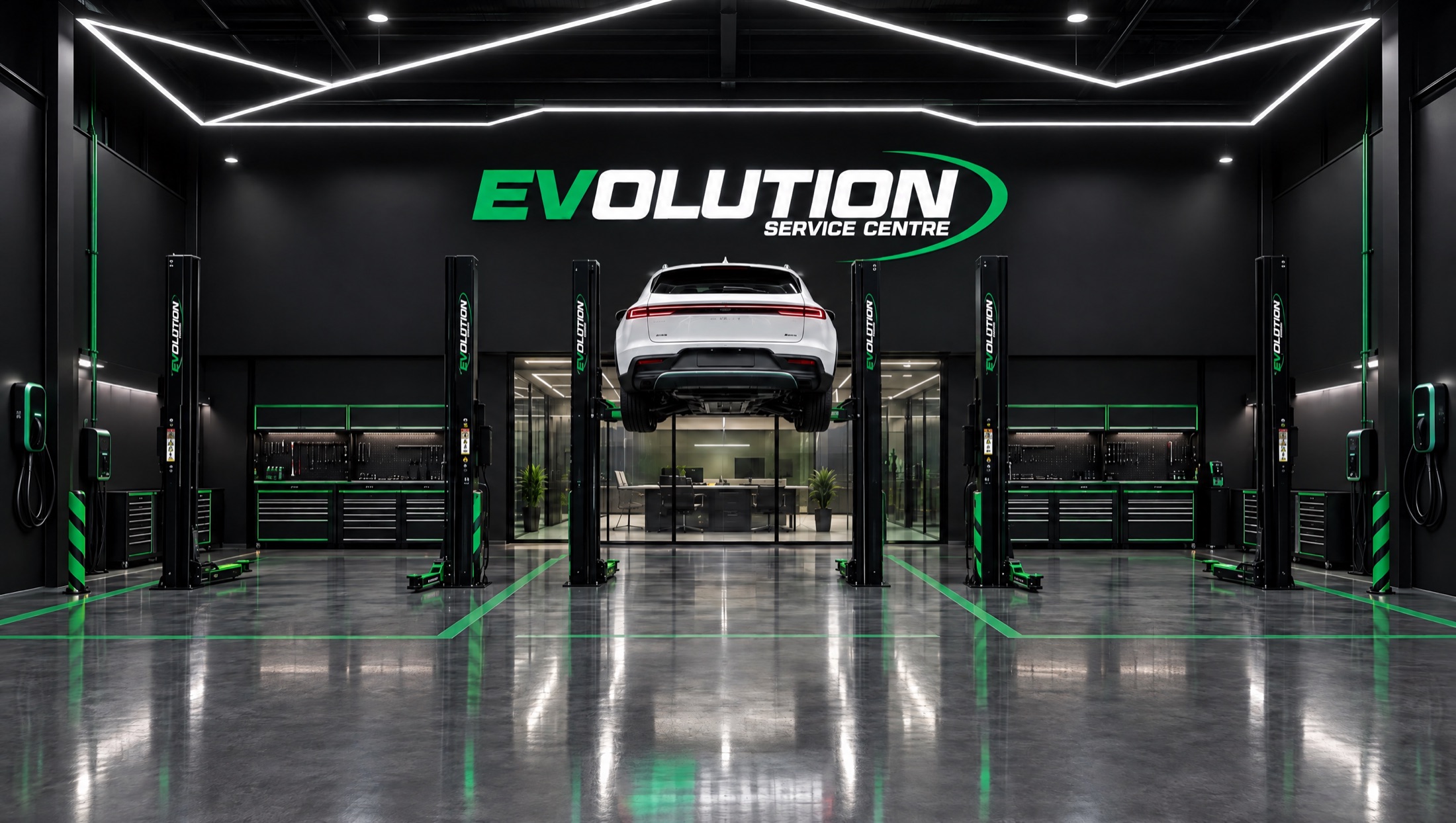 Inside an Evolution Service Centre: black walls, green bay lines and an electric SUV on a lift